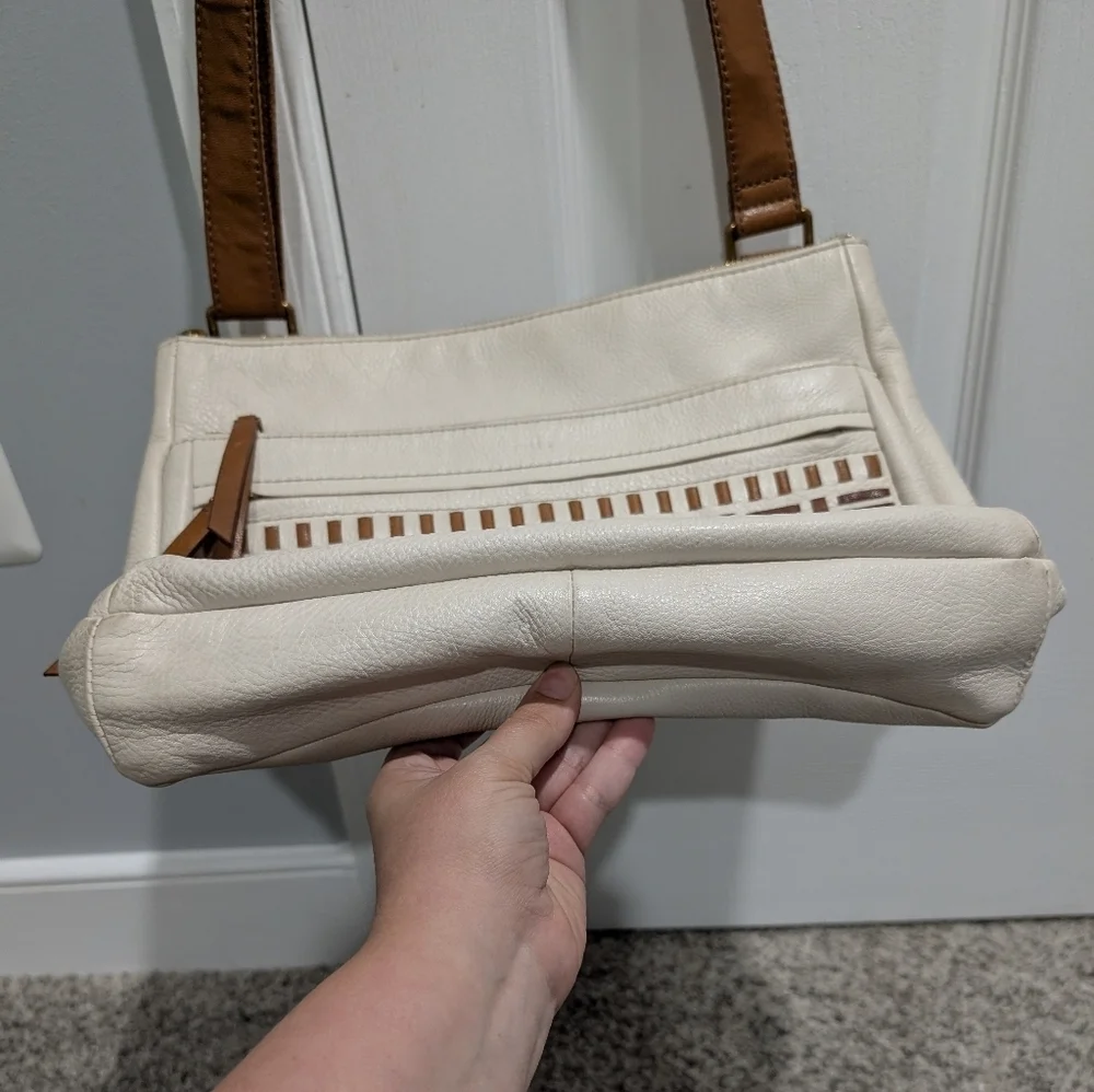 Fossil Corey Cream, Tan & Brown Cross Stitch Large Crossbody Bag